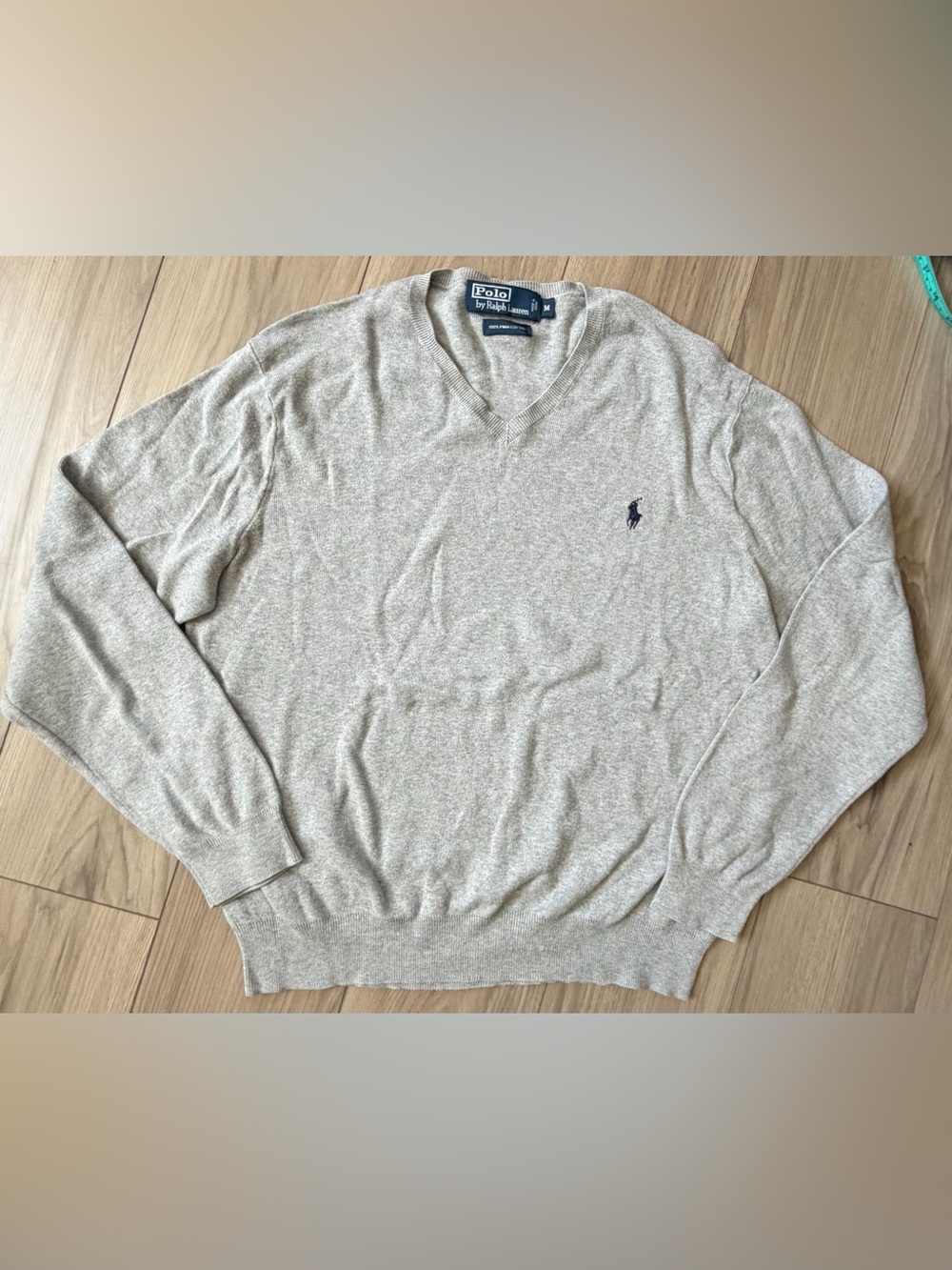 Polo by Ralph Lauren Men’s V-Neck Sweater in Light Gray Pima Cotton Sz medium